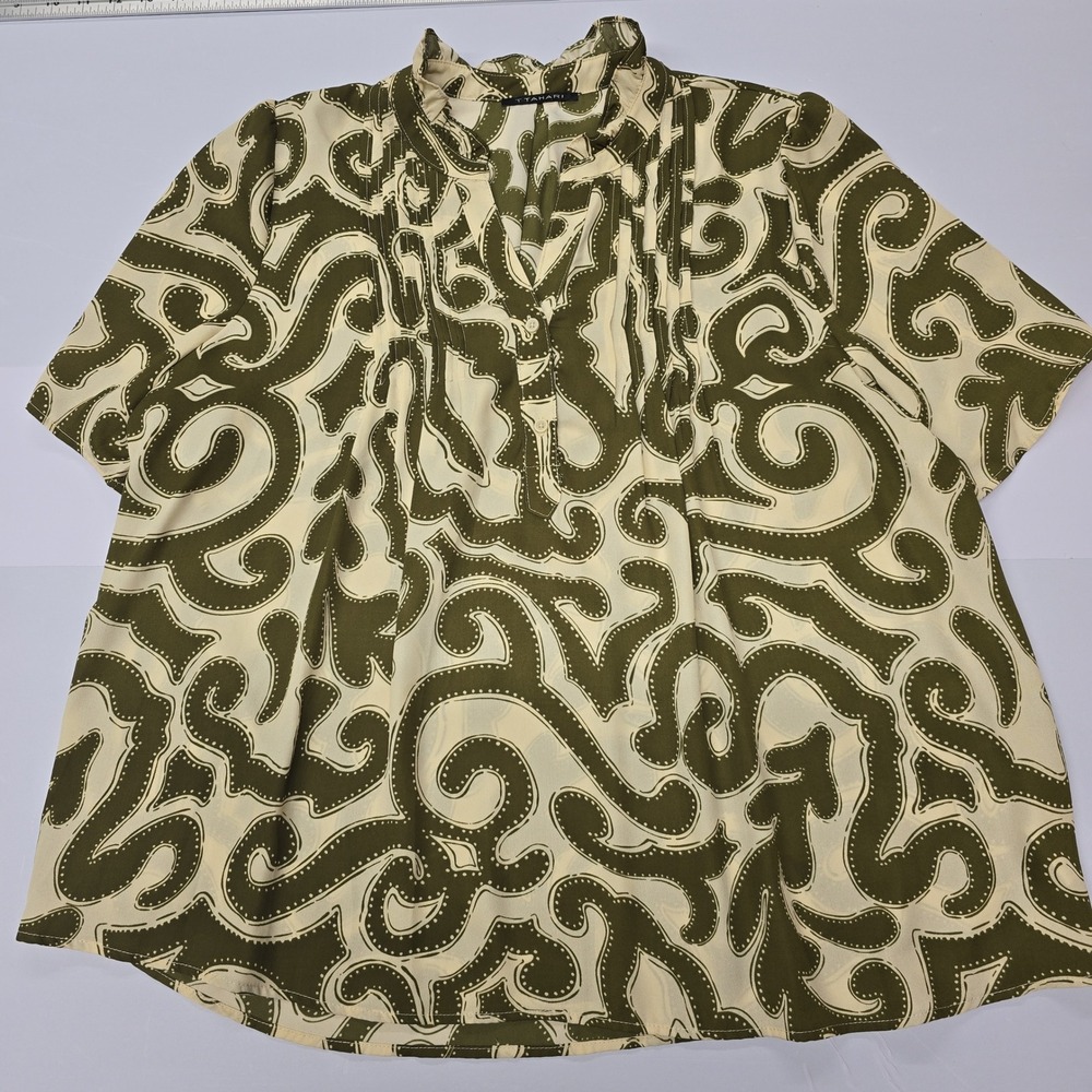 T Tahari Womens Short Sleeve Henley Blouse Olive Green Cream Scroll Print XL